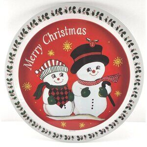 Vintage Merry Christmas Snowman Couple Round Rin Tray 12.5" Holiday Cookie Santa